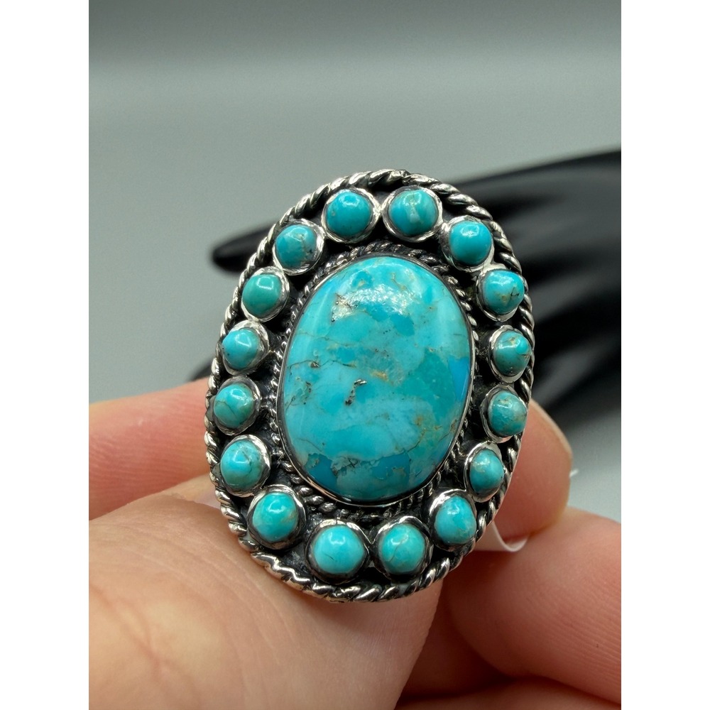 Vintage Sterling Silver Turquoise Cluster Ring Native American Zuni Style #1137